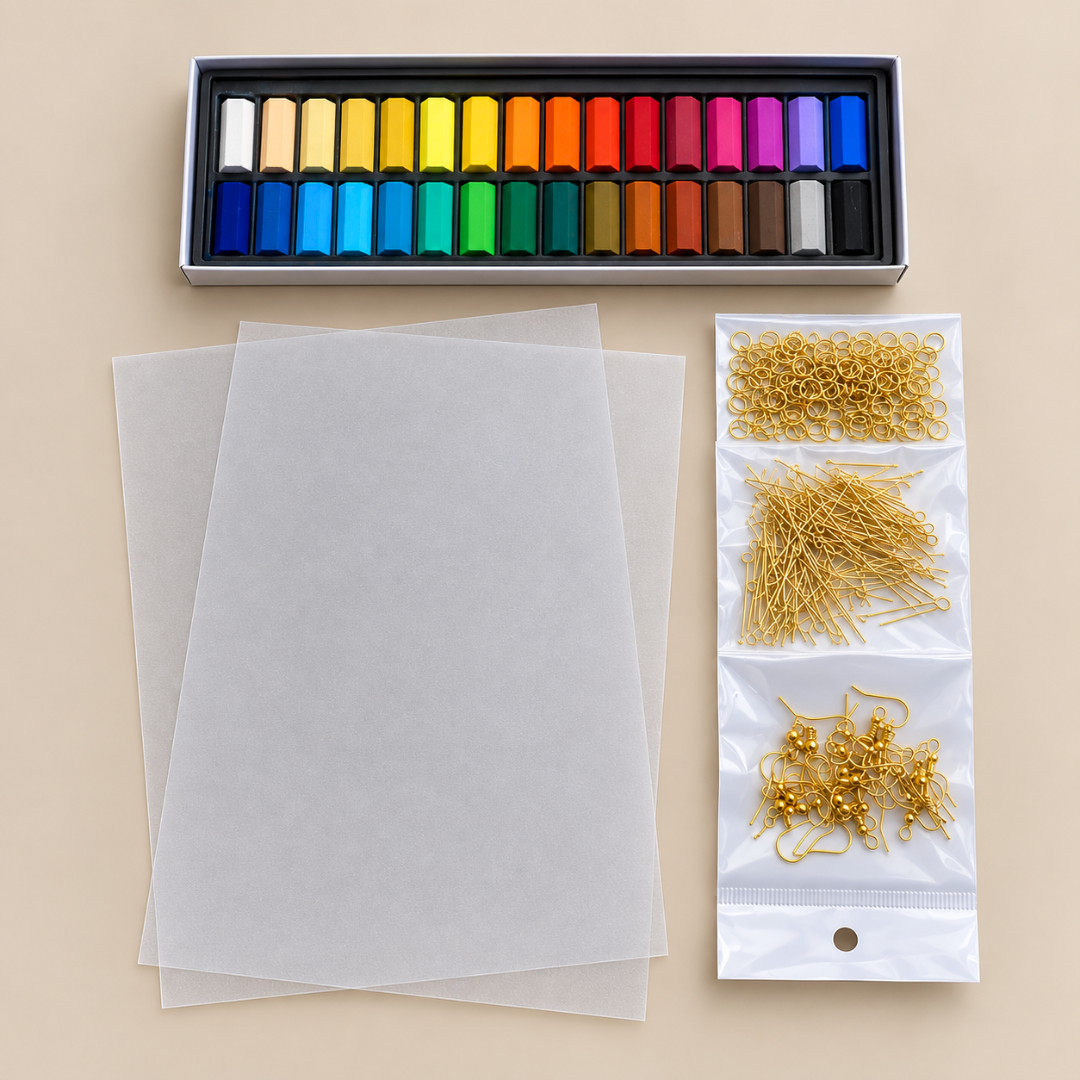 Jewelry making essentials kit with shrink plastic sheets, random colours, and jewelry-making findings